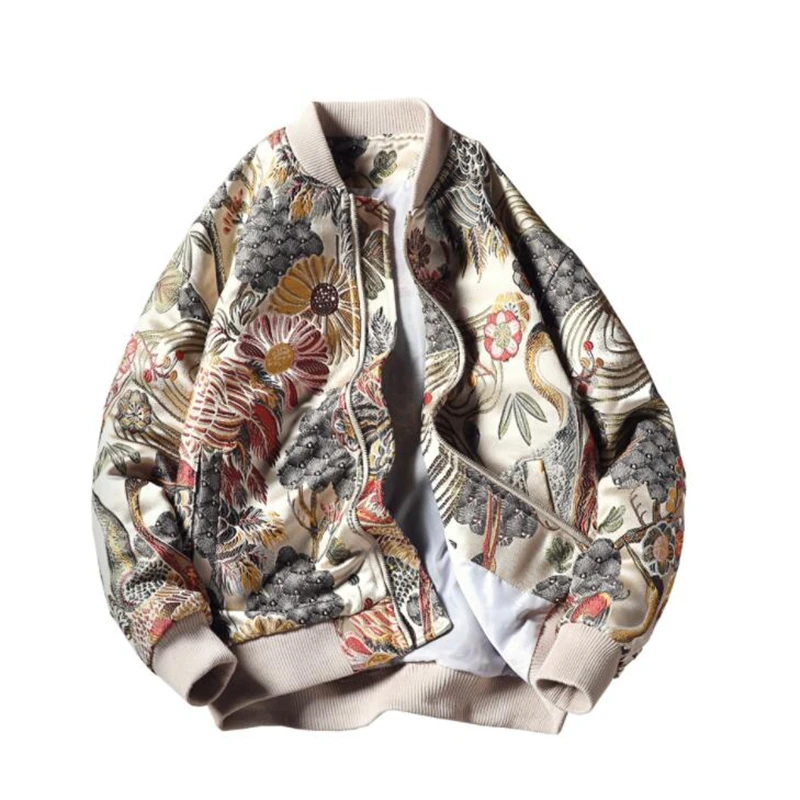 2019 Men Streetwear College Baseball Jackets Autumn Coat Japan Style Mens Floral & Crane Embroidery Bomber Jacket Stand Collar