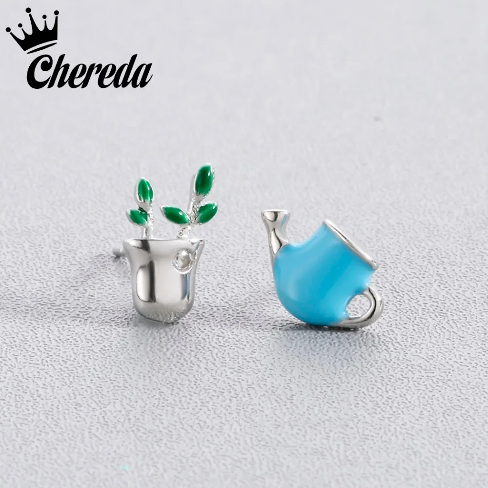 Chereda New Fashion Silver Color Classic Potted Plants Stud Earrings Small Simple Fine Women Lady Trendy Jewelry Accessories