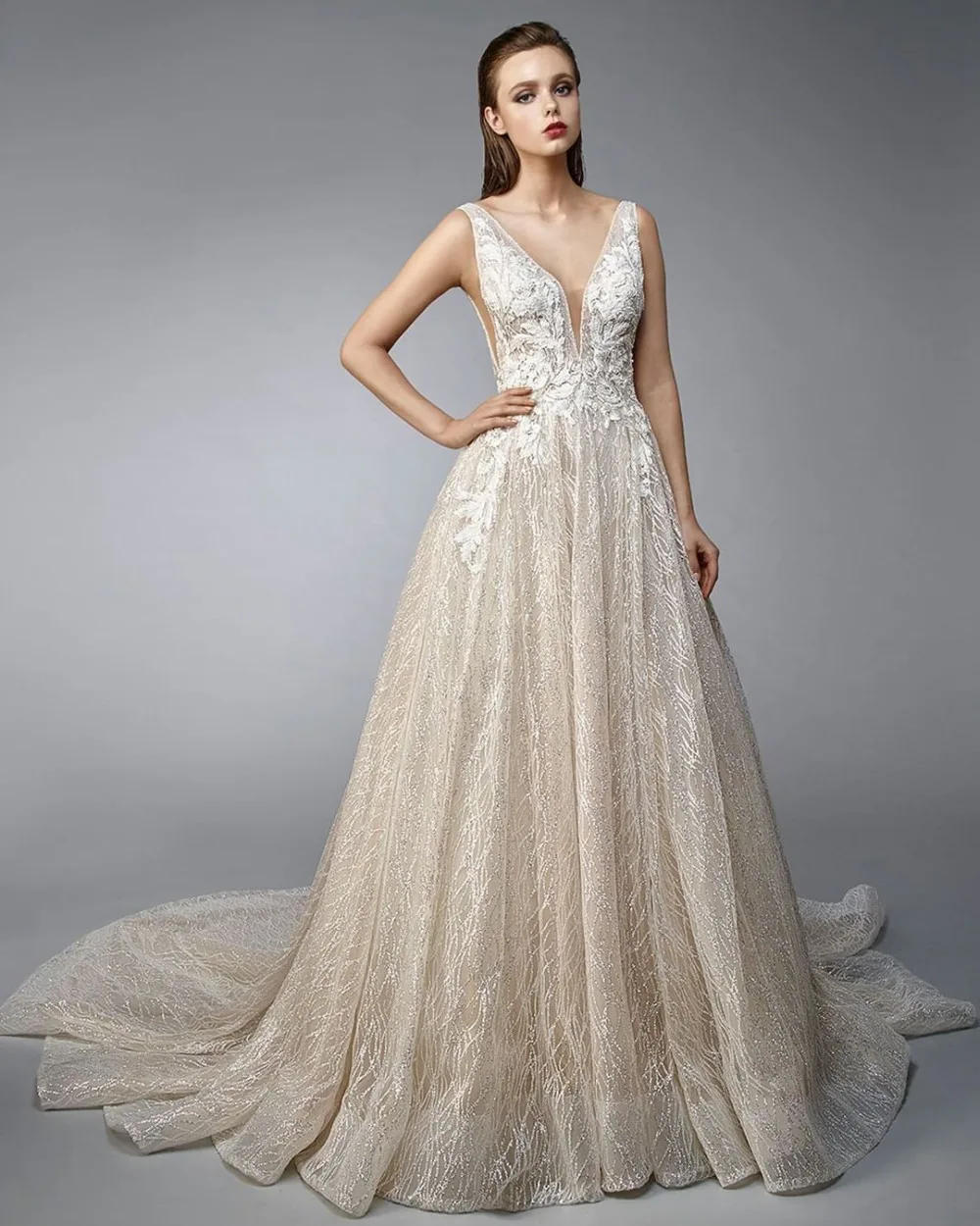 Eslieb High Quality High End Custom Made Wedding Dresses Luxury Deep V Neck Wedding Dress 2019