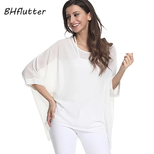 BHflutter белая блузка рубашка Женская мода Летучая мышь повседневные летние топы футболки женские шифоновые блузки с принтом уличная одежда размера плюс - Цвет: Бирюзовый