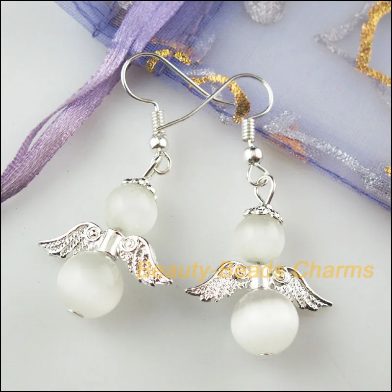 

1Pair White Cat Eye Stone Angel Charms Tassel Earrings Hook Jewelry Gift