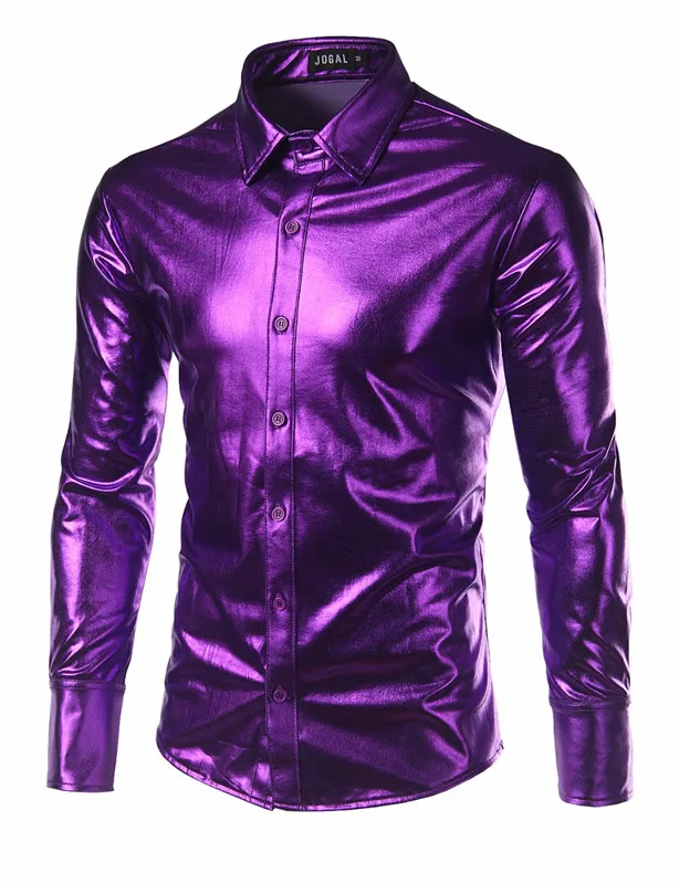 purple Модная мужская блестящая рубашка с глянцевым покрытием для ночного клуба, сценическая тонкая рубашка с длинными рукавами Горячая Распродажа Мужская вечерняя косплей одежда на Хэллоуин 3XL - Цвет: purple