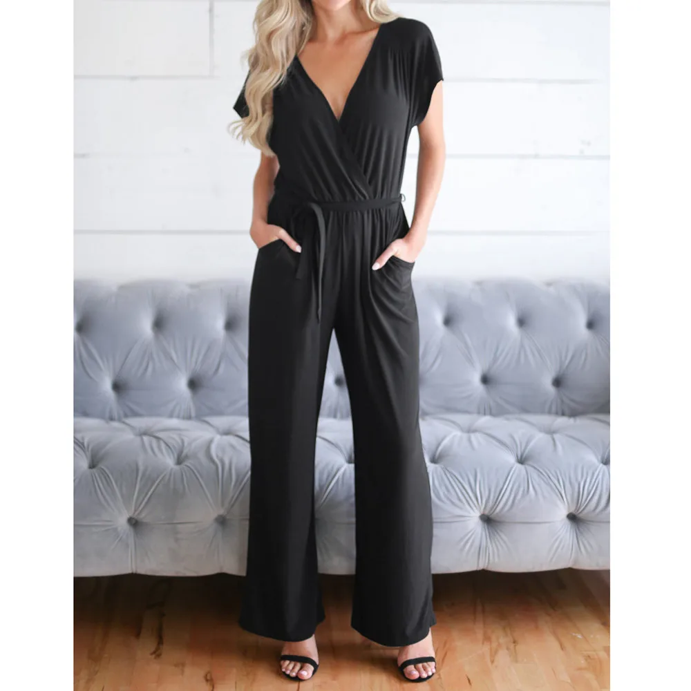 

Feitong Women Sexy Plus Size Solid Short Sleeve Bandage Long Loose Jumpsuit Bodysuit Loose Playsuit overalls combinaison femme
