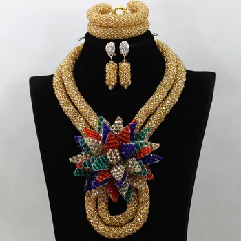 

Shinny Champagne Gold Nigerian Bridal Jewelry Set Big Flower Brooch African Wedding Statement Necklace Set Free Shipping QW595