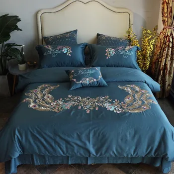 

100% Egypt Cotton blue Embroidery Palace Royal Luxury Bedding Set 4/7 Pcs King Queen Size Bed set Duvet Cover Bed Sheet