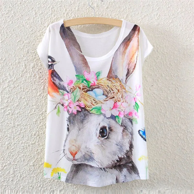 

2017 Brand New Polyester T-Shirt Women Short Sleeve t-shirts o-neck Causal loose Rabbit nest t shirt Summer top for women
