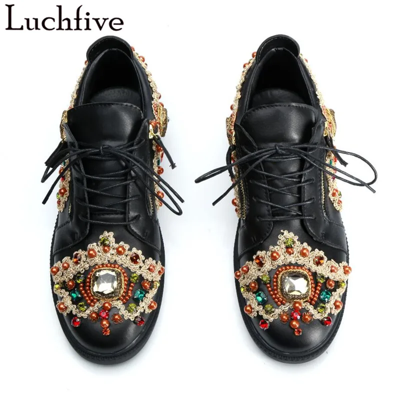 

Luxury Crystals Men Shoes Runway Round Toe Lace Up Flats British Style Black Casual Outwear Fashion Rhinestone Zipper Shoes
