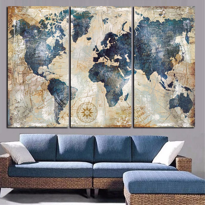 

Modular Canvas Paintings Home Decor 3 Pieces World Map Pictures HD Prints Fashion Abstract Poster Living Room Wall Art Framework