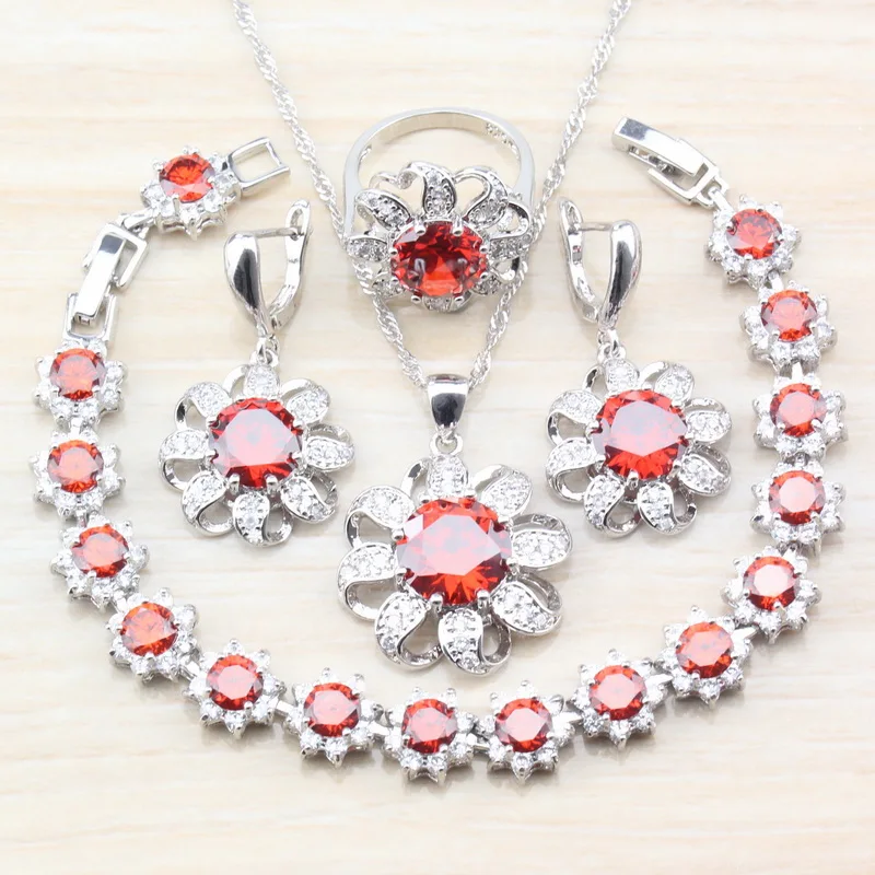

Natural Red Garnet Zircon Women Bridal Wedding Costume 925 Sterling Silver Jewelry Sets Earrings/Pendant&Necklace/Bracelet/Ring