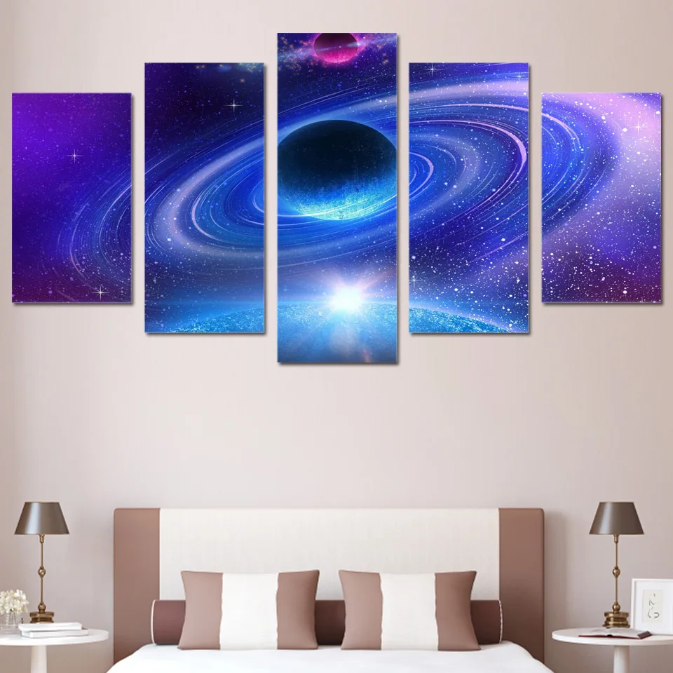 

Painting Canvas Home Decor Modern 5 Panel Starry Sky Planet Landscape Living Room Wall Art Pictures HD Printed Posters Frame