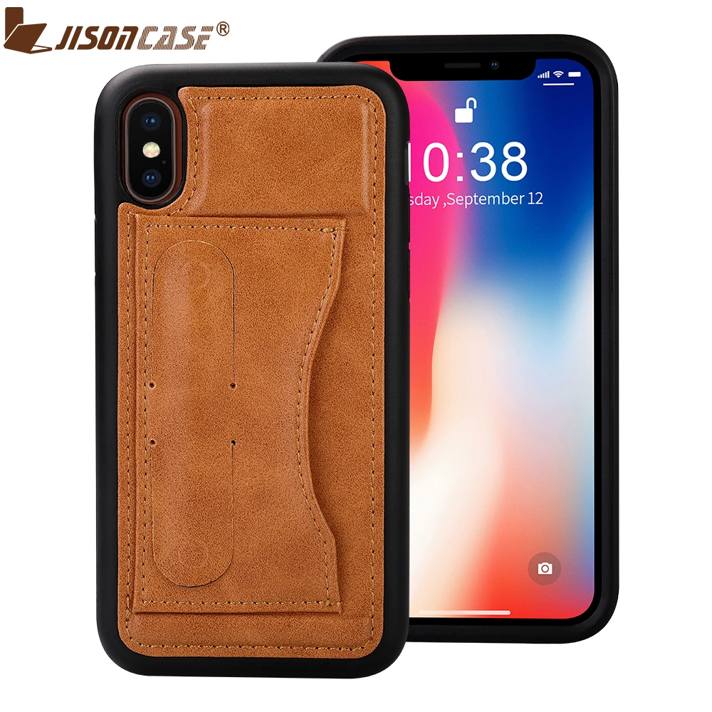 Jisoncase Leather Case For iPhone X With Card Slot and Viewing Stand Design Vintage Luxurious Phone Cases 5.8" |