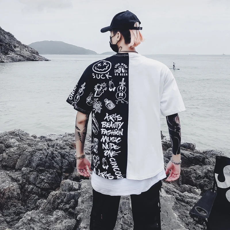 2019 летние черно белые футболки с принтом граффити Harajuku топы хип хоп Swag Tyga