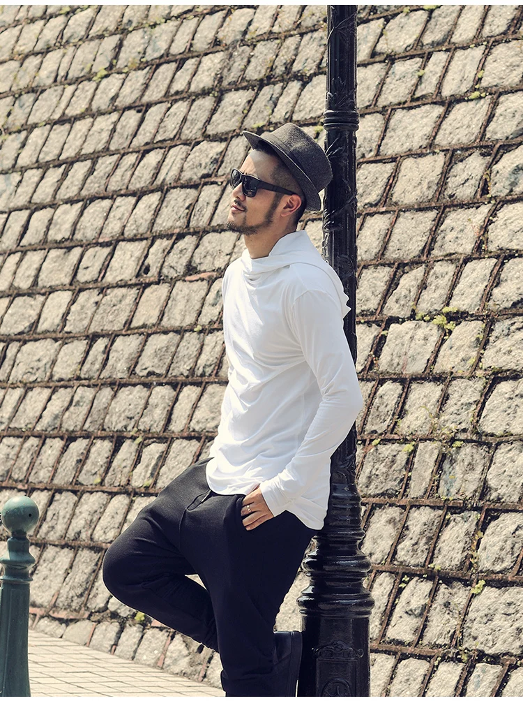 Men Autumn New European Style High Collar Long Sleeve Hooded T-shirt with Cap Men Slim Casual Cotton Irregular T-shirt T908 HTB1YbP6XyzxK1RjSspjq6AS.pXa4 - Men Autumn New European Style High Collar Long Sleeve Hooded T-shirt with Cap Men Slim Casual Cotton Irregular T-shirt T908