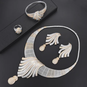 

Luxury Indian Dubai Collar Cubc Zirconia Big Necklace Earring Bangle Ring Fashion Jewelry Set For Women African wedding jewelry