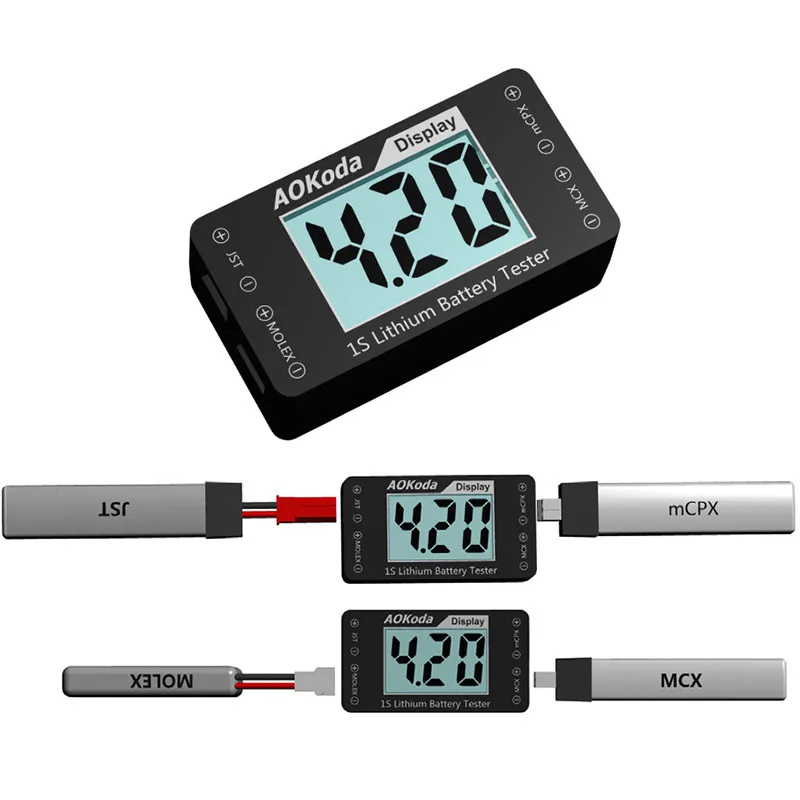 

Hot Sale AOKoda AOK-041 1S Lithium Battery Tester Indicator for Checker For JST MOLEX mCPX MCX Plug Connector Battery Voltage