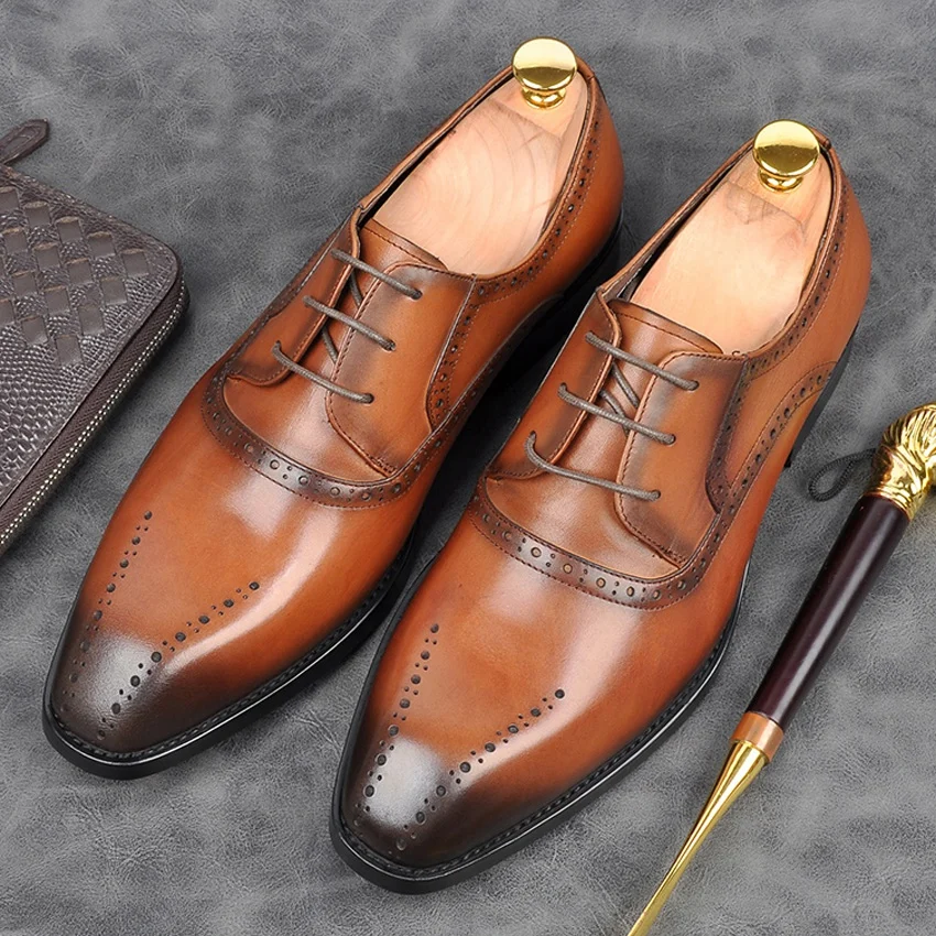 

High Quality Genuine Leather Formal Dress Medallion Brogues Shoes Square Toe Men's Carved Goodyear Wedding Party Oxfords AM263