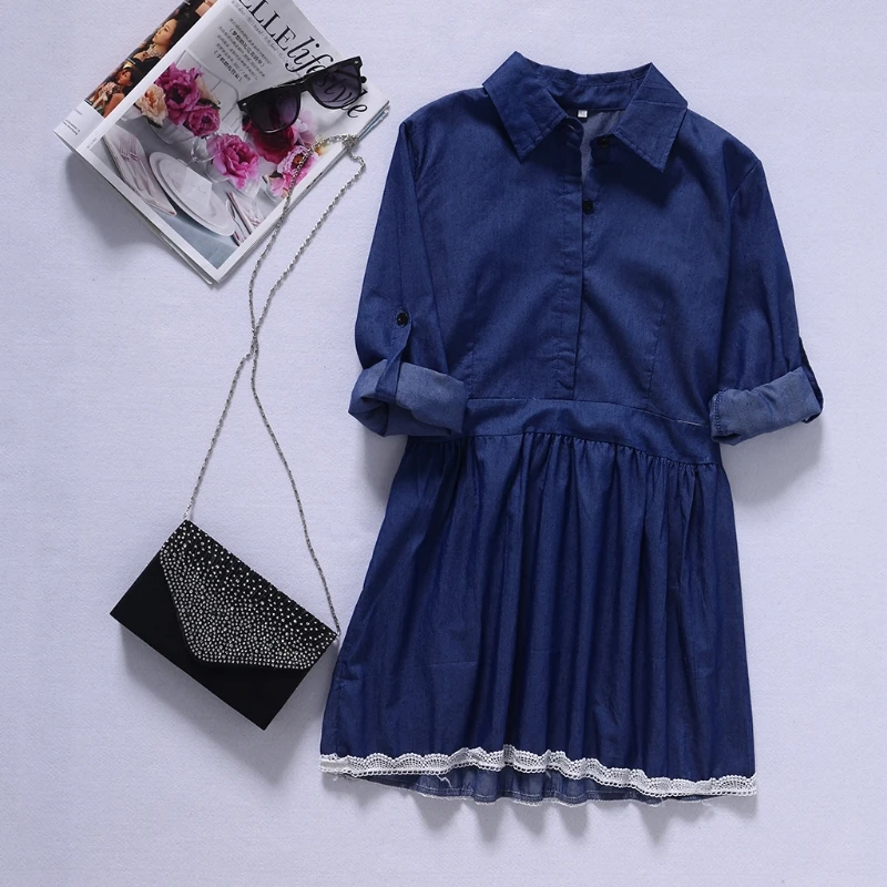 Осеннее Новое модное кружевное женское платье для отдыха, тонкое джинсовое платье, винтажное милое голубое вечернее платье Макси
