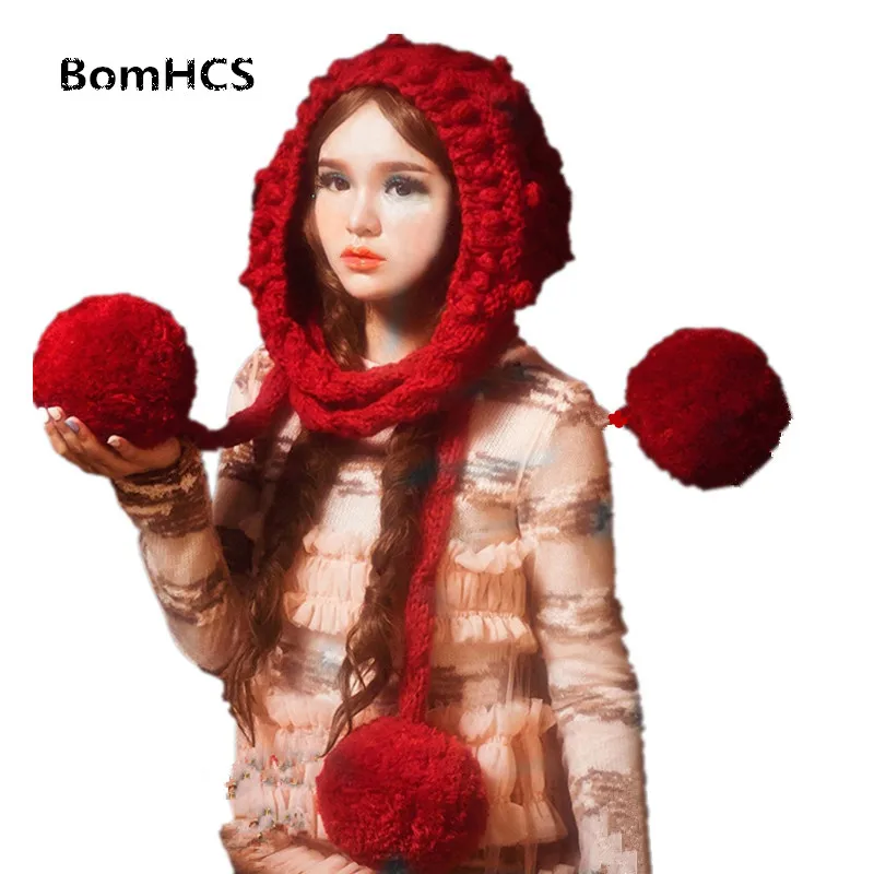

BomHCS European Beautiful Big Pompoms Ears Scarf Hat Handmade Knitted Beanie Neckerchief (without Gloves)