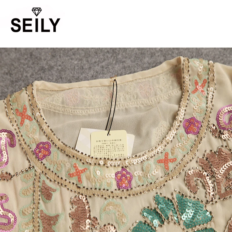 Винтажная шифоновая блуза с пайетками, Китайская вышивка ручной работы, этнический узор, 3/4 рукав, Цветочная рубашка, Mujer, новейшие элегантные топы
