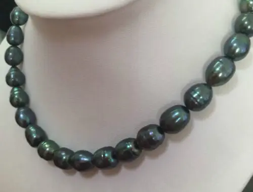 

08148 stunning12-13mm baroque tahitian black green pearl necklace