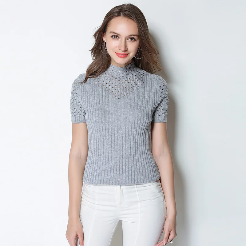 

LHZSYY Spring and Summer New Women's Cashmere Sweater Short sleeve vogue Hollow O-collar Tight Pure color Wool knitted pullovers