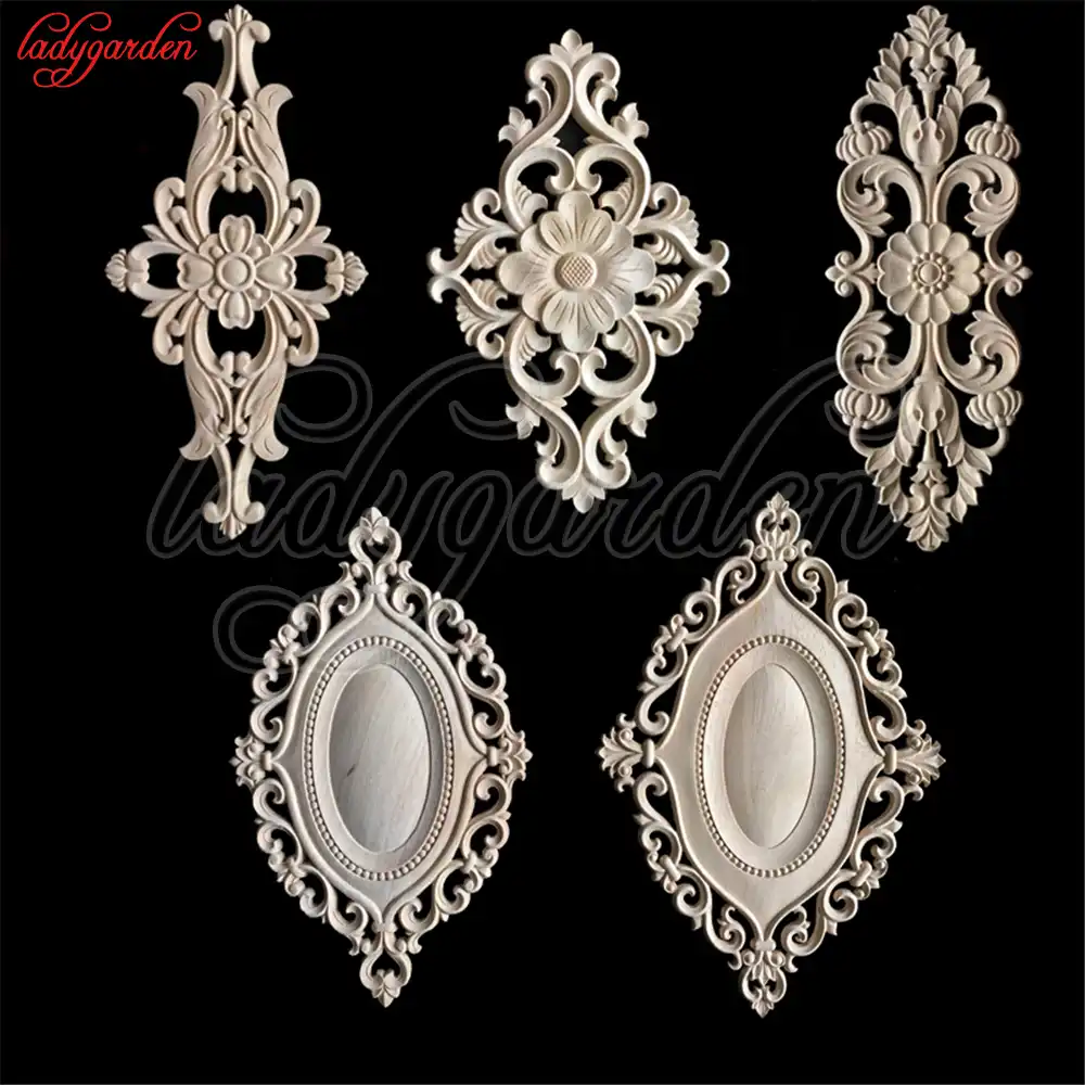 Natural Wood Appliques Flower Carving Decals Decorative Wooden