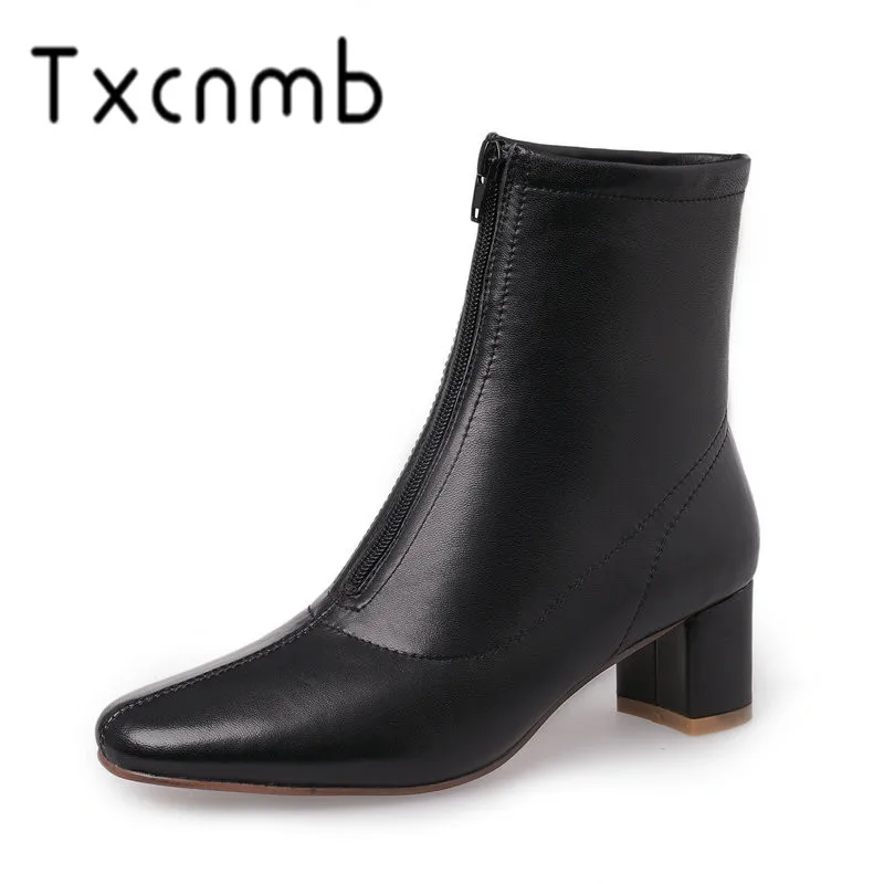 

TXCNMB 2019 Boots Women Ankle Boots for Women Winter Genuine Leather Square High Heel Black Brown White Shoes Woman