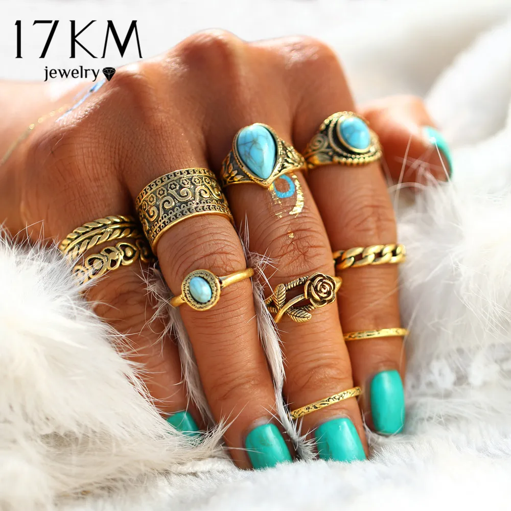 17 КМ Vintage 2 Цвет Розы Сердце Midi Кольцо Устанавливает Boho Пляж Anillos урожай Тибетский Цветок Костяшки Кольца для Женщин Человека кастет оружие Панк Ювелирные перстень Изделия кольцо женское кольца