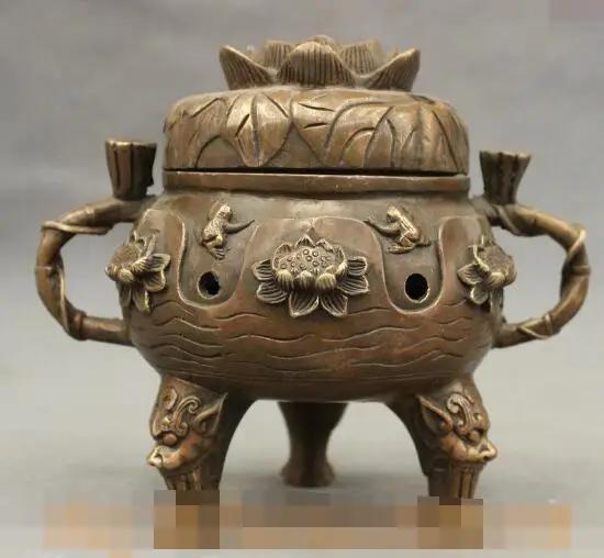 

S02233 Folk Chinese Bronze Buddhism Lucky Lotus Frog Toad Statue Incense Burner Censer (B0413)