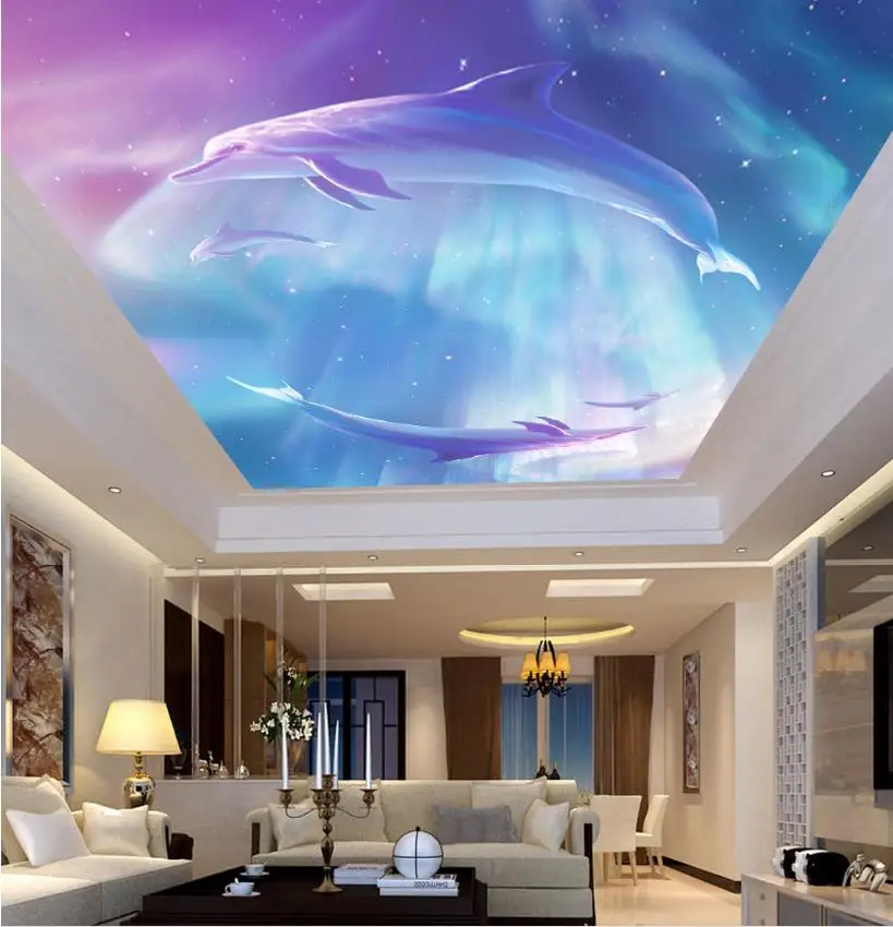 

papel de parede 3d Animals Dolphins Cartoon Painting Ceiling Murals Wallpaper For Kids Room Oil Painting Wallpaper Ceiling 3d