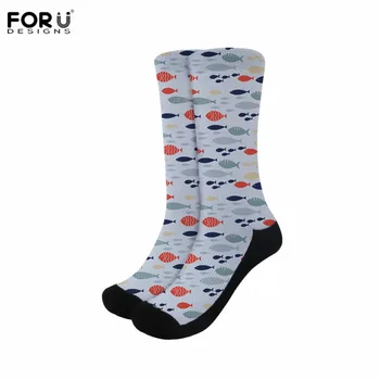 

FORUDESIGNS Catton Fish Puzzle Printing Girls Long Sock Cotton Winter Boot Socks Stylish Women Thick Thigh Student Shoes Socks