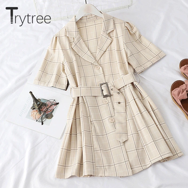 Trytree الربيع الصيف عارضة المرأة اللباس منقوشة حقق طوق حزام أزرار من البوليستر فساتين فوق الركبة ألف خط مكتب سيدة اللباس