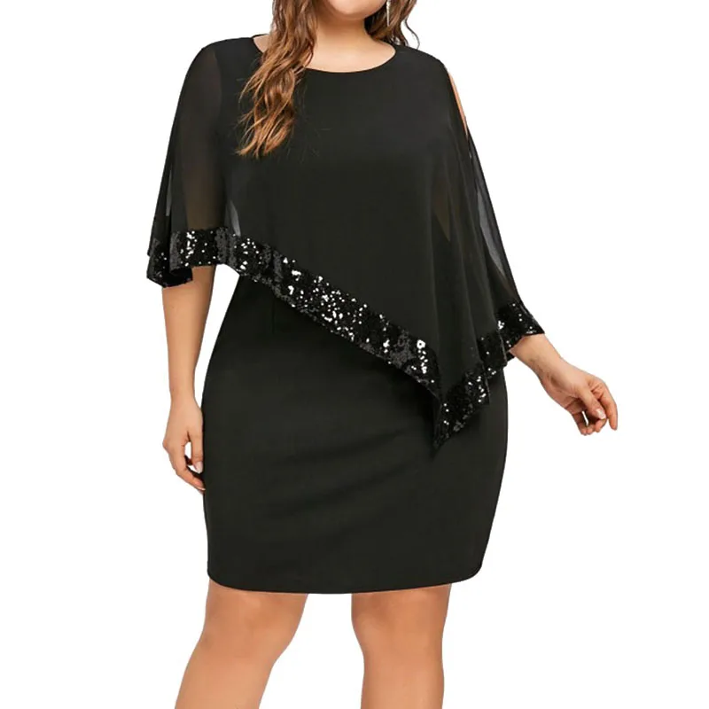 S-5XL Plus Size Women Dress Cloak Sleeve Mesh Sequined Tiered Irregular Oversized Mini Short Party Dresses Casual Vestidos New