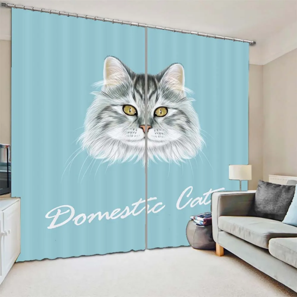 

Blue background Pet cat 3D Curtains For Bedroom Kids Living Room Drapes Fabric Polyester Set with Hooks Factory direct sale