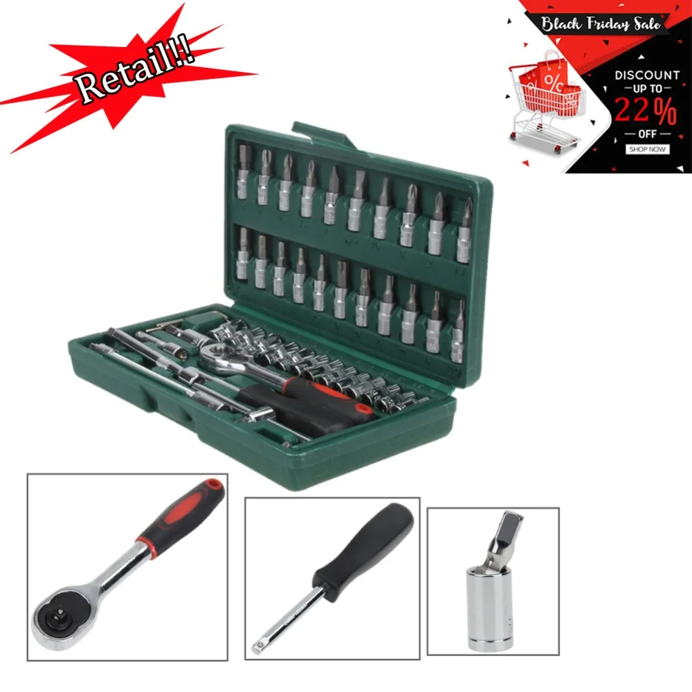 Hot Professional 46pcs Spanner Socket Set 1/4 inch Screwdriver Ratchet Wrench Set Kit Car Repair Tools Combination Hand Tools