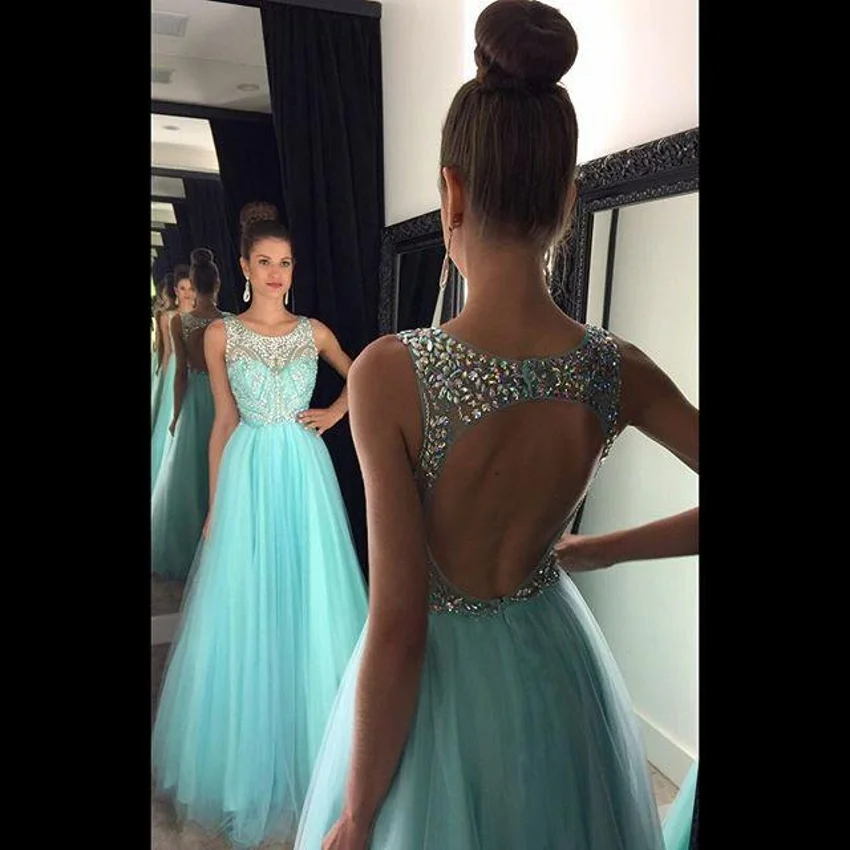 

Custom Made A-Line Off the Shoulder green prom dress 2020 open back beaded crystal party dress mint green evening dress