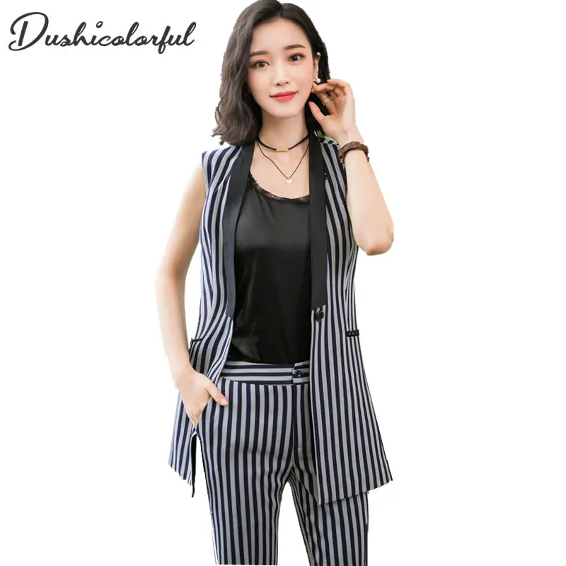 Blazer casual waistcoat women long suit vest female jacket coat stripe sleeveless vest office lady two piece set top and pants