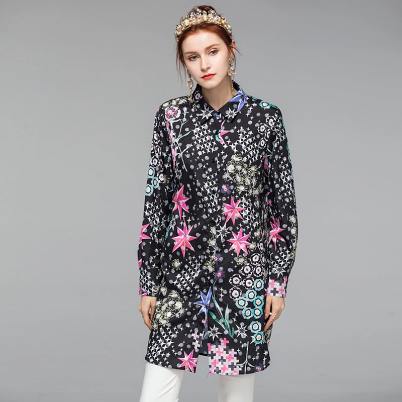 

Newest Summer Fashion 2019 Runway Designer Blouse Shirt Women's Long Sleeve Gorgeous Floral Print Long Shirt