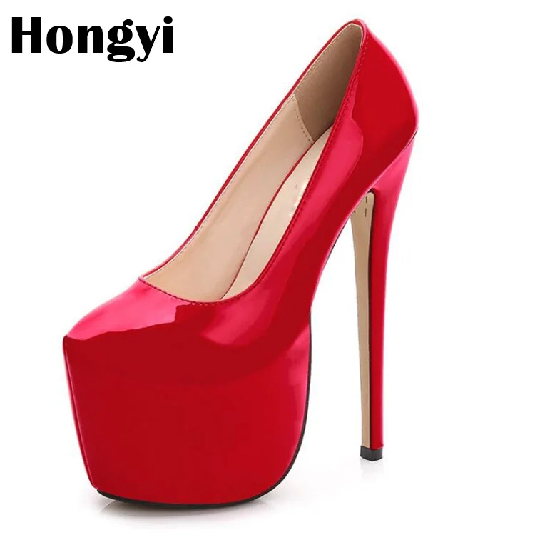 

Fantastic Designer Thick Platform 18cm Patent Leather Thin High Heel Dress Shoes Women Stiletto Heels Big Size 44 Plus