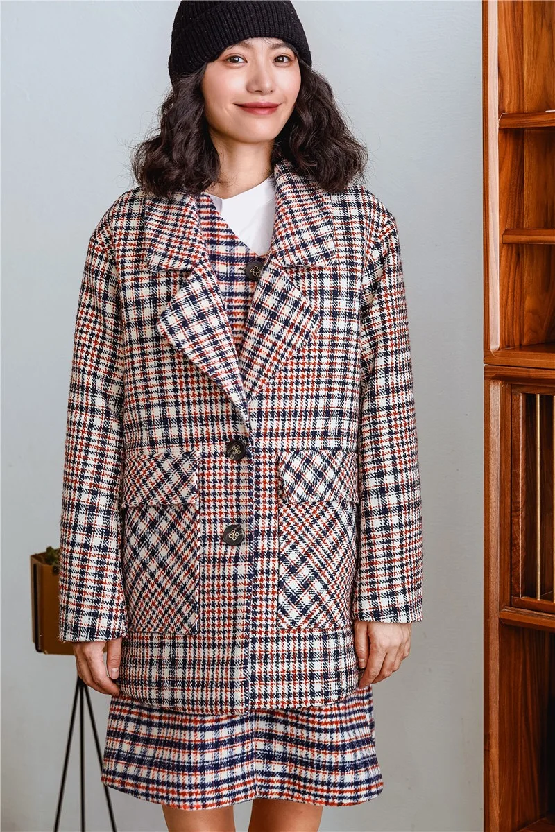 2019 Autumn Winter Original Design Gloria&ampGrace Vintage Brown Plaid Pattern Print Oversize Wool Loose Warm Coat Jacket Outerwear | Женская