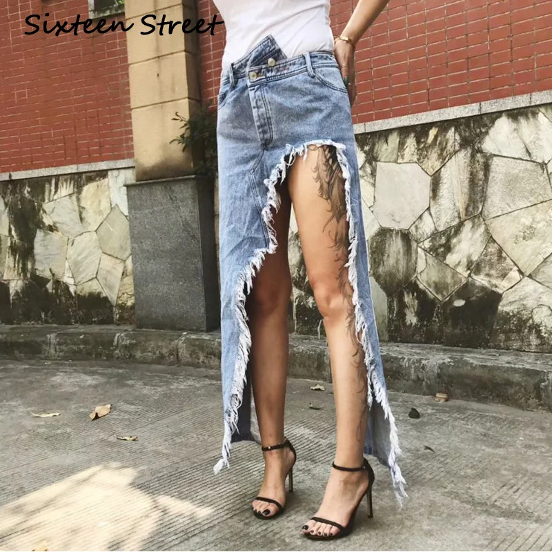 Новая женская джинсовая юбка синие винтажные потертые Асимметричные осенние длинные юбки высокого класса дропшиппинг faldas mujer moda 2019