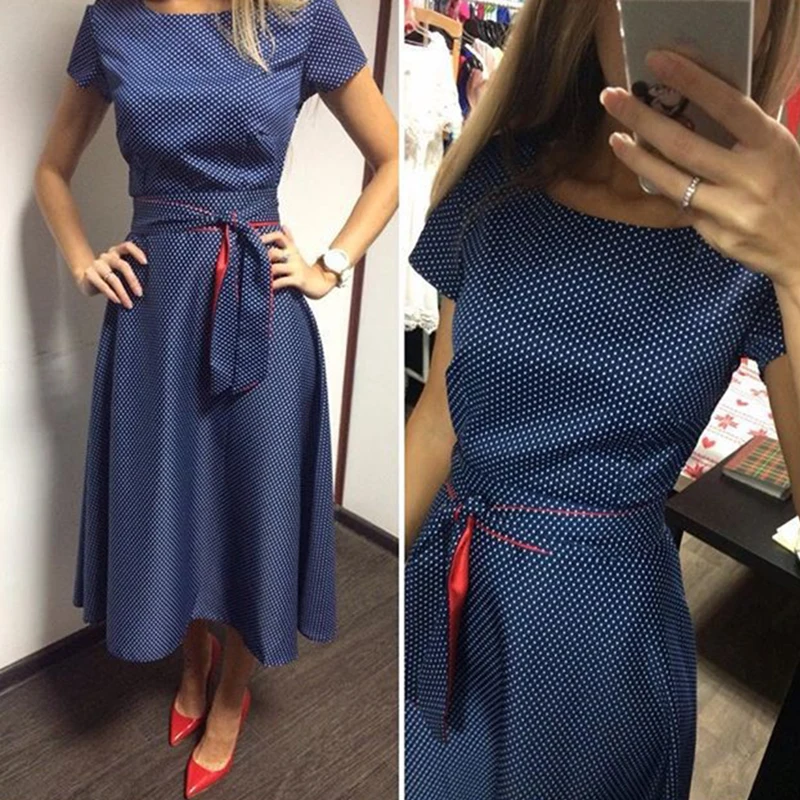 

Women Long Dress Ladies Elegant Vintage Polka Dot Dress Short Sleeves High Waist A-Line Sashes Plus Size Evening Party Dress