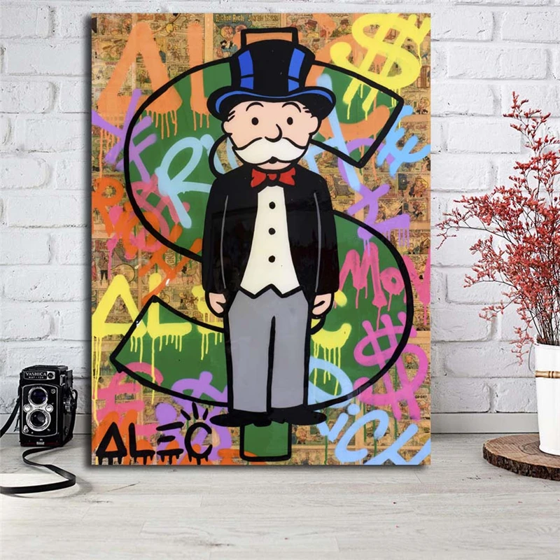 Monopolyingly Art Canvas Painting Street Artist Scrooge Mcduck Dollar Sign Statue Poster Wall Picture for Living Room No Frame