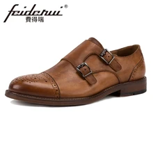 Vintage British Designer Genuine Leather Men's Double Monk Straps Flats Round Toe Handmade Man Formal Dress Brogue Shoes KUD39 beautoday monk shoes women buckle straps genuine leather calfkin round toe lady flats handmade brogue style shoes 21408