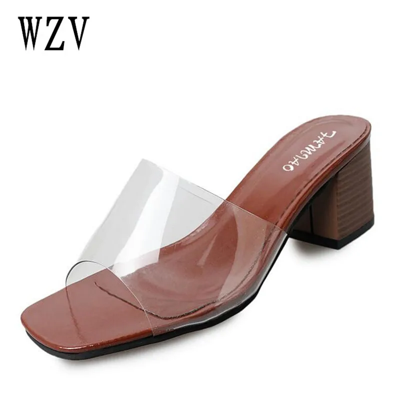 

2018 Summer Women Sandals PVC Block High Heel Crystal Clear Transparent Sandals Concise Buckle Ankle Strap Pump Shoes woman B467