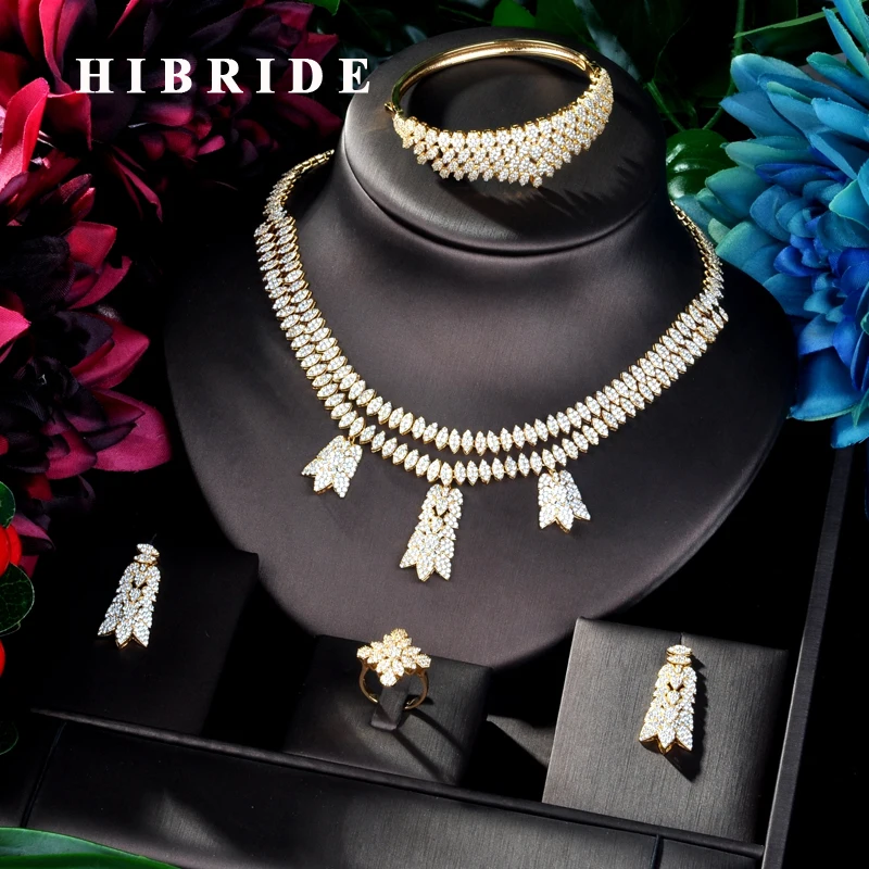 

HIBRIDE Unique Design Double Layer Cubic Zircon Women 4 pcs Jewelry Set Dress Necklace Earring Jewelry Set For Party Gits N-876