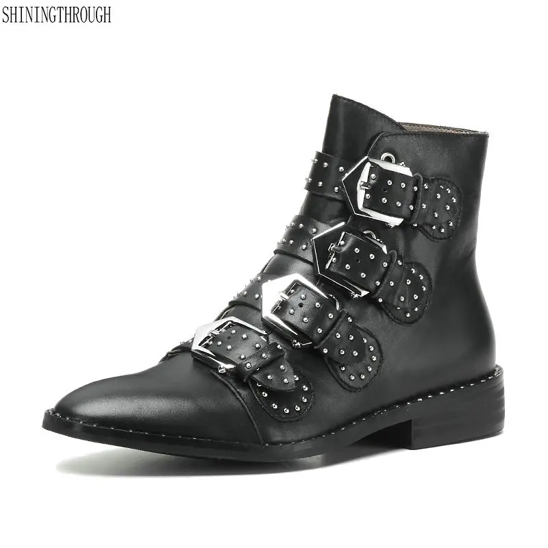 

New women ankle boots genuine leather low heel metallic rivet westrern boots autumn women shoes ladies boots large size 43