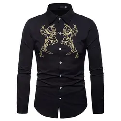Новая Осенняя рубашка Для мужчин 2018 Мода Золотой цветок вышивка мужская одежда рубашка 3 цвета Королевский дворец смокинг Chemise Homme черный