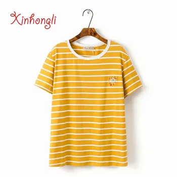 

Plus size cotton Embroidered striped t shirt women short sleeve O-Neck ladies t-shirt 2019 loose tee shirt femme summer tops