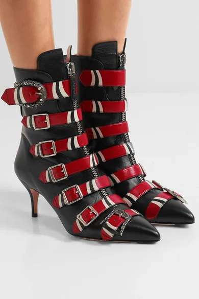 

New Brand Fashion Week Style Ankle Boots Runway Pointed Toe Low Heel Leather Buckle Strap Boats Celebrity Party Shoes Woman